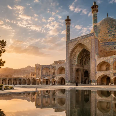 Best places to visit in Iran with historic Persian mosque architecture in Isfahan at golden hour
