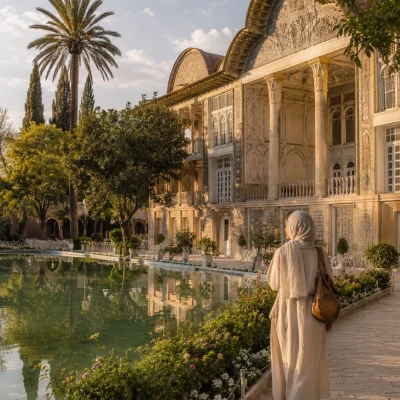Traveler walking beside a historic Persian garden and mansion in Iran