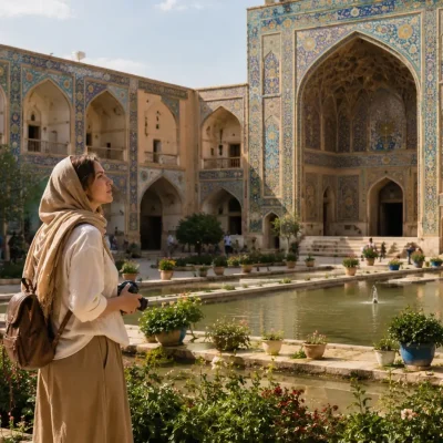 First-time traveler visiting a historic mosque courtyard in Iran
