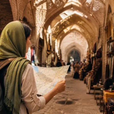 Traveler reading a map inside a traditional Iranian bazaar