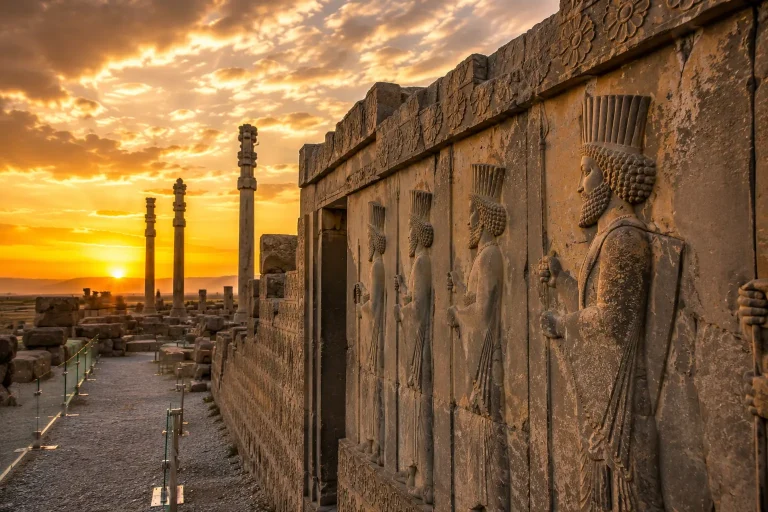 Achaemenid bas-relief wall at Persepolis in Iran with carved figures and sunset light
