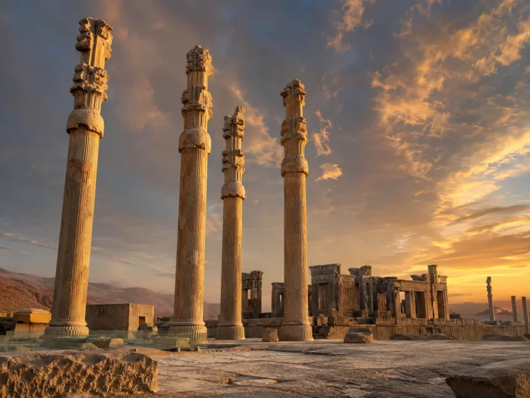 Apadana columns and ancient palace ruins at Persepolis in Iran during sunset