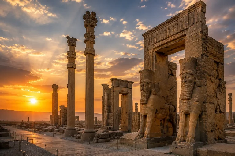 Gate of All Nations and ancient stone columns at Persepolis during a dramatic sunset