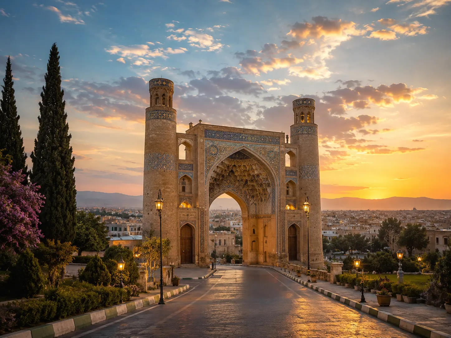 Quran Gate in Shiraz at sunset with historic arch, city view, and warm evening light