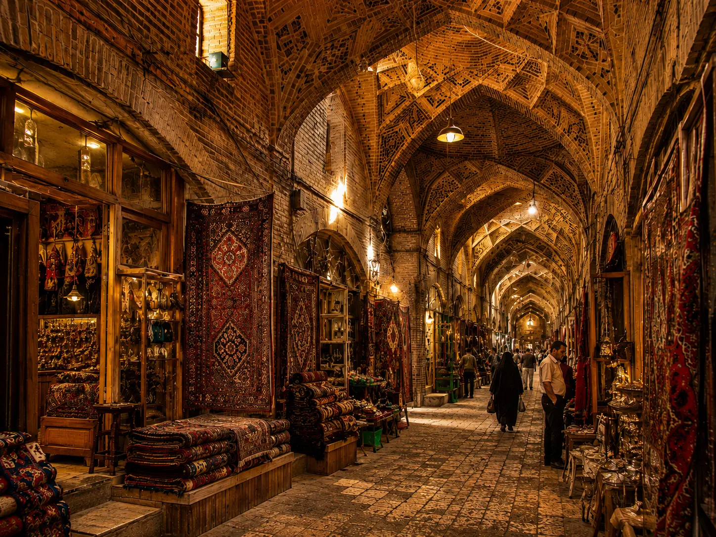 Vakil Bazaar in Shiraz with vaulted brick ceilings, Persian carpets, and traditional shops