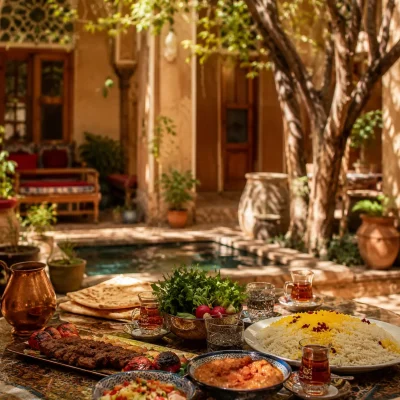 Traditional Iranian food served in a courtyard house